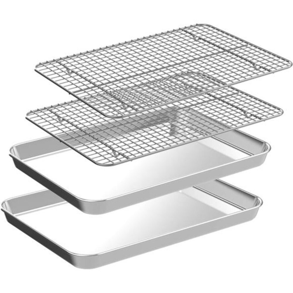Small Baking Sheet with Rack Set [2 Small Cookie Sheets + 2 Small Baking Pan